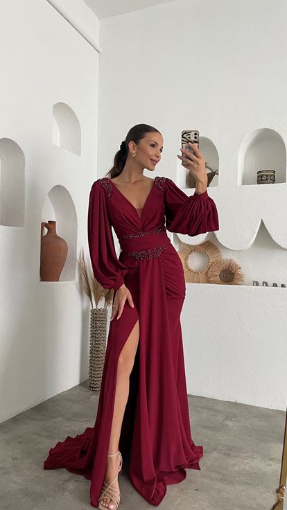 Bordo İşlemeli Drapeli Şifon Abiye Elbise