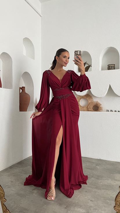 Bordo İşlemeli Drapeli Şifon Abiye Elbise