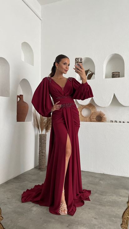 Bordo İşlemeli Drapeli Şifon Abiye Elbise