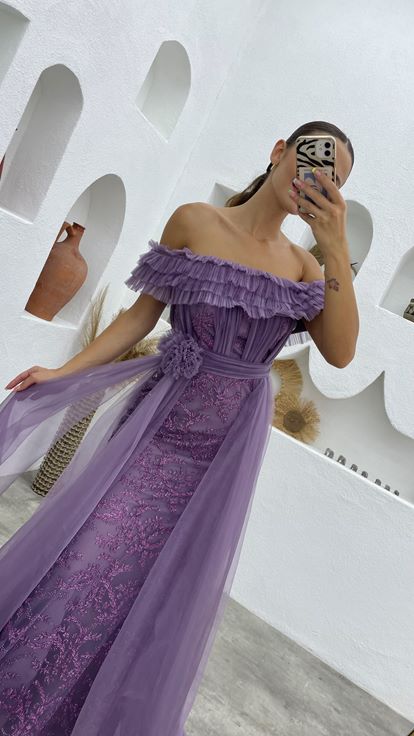 Lilac Ruffled Draped Tulle Evening Dress