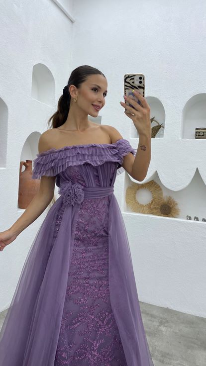 Lilac Ruffled Draped Tulle Evening Dress