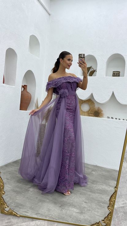 Lilac Ruffled Draped Tulle Evening Dress