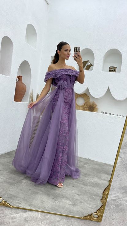 Lilac Ruffled Draped Tulle Evening Dress