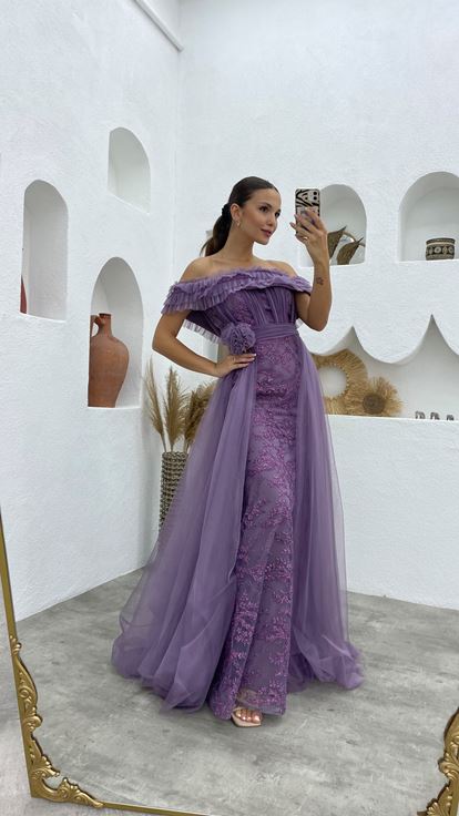 Lilac Ruffled Draped Tulle Evening Dress