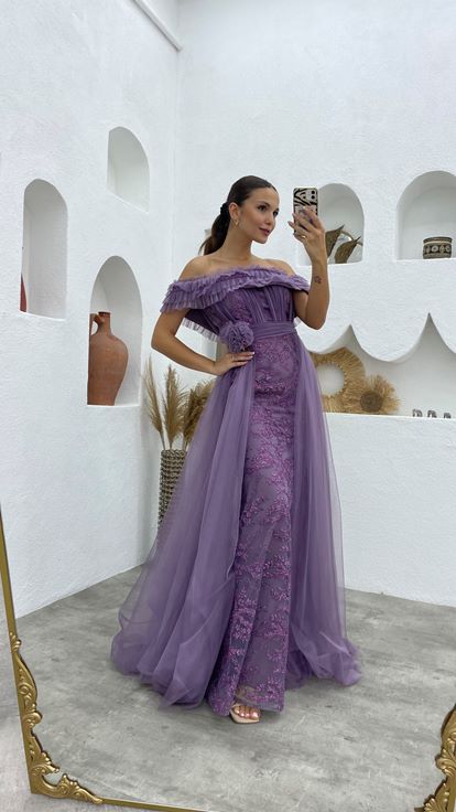 Lilac Ruffled Draped Tulle Evening Dress