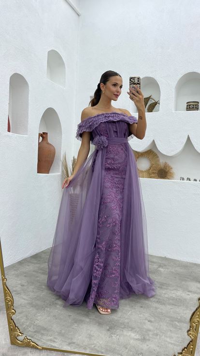 Lilac Ruffled Draped Tulle Evening Dress