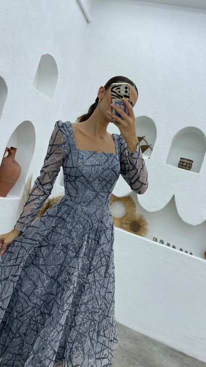 Gray Silvery Design Tulle Evening Dress