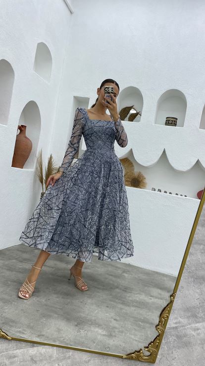 Gray Silvery Design Tulle Evening Dress