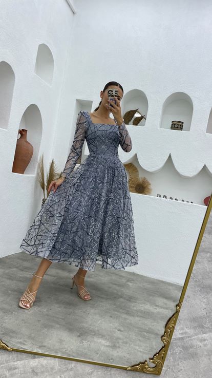 Gray Silvery Design Tulle Evening Dress