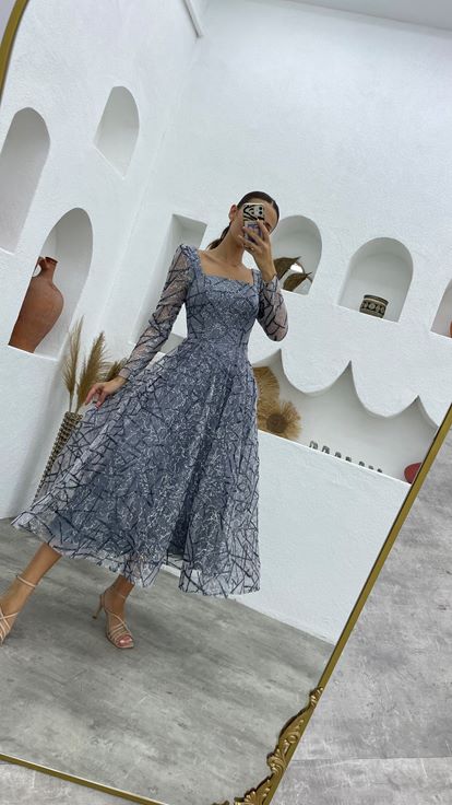 Gray Silvery Design Tulle Evening Dress