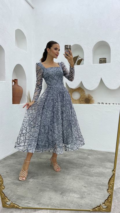 Gray Silvery Design Tulle Evening Dress