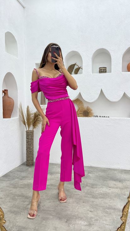 Fuchsia Embroidery Detail Rope Strap Draped Design Jumpsuit