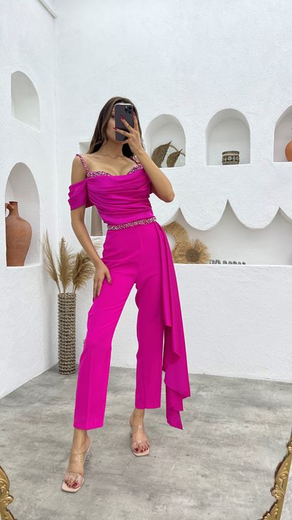 Fuchsia Embroidery Detail Rope Strap Draped Design Jumpsuit