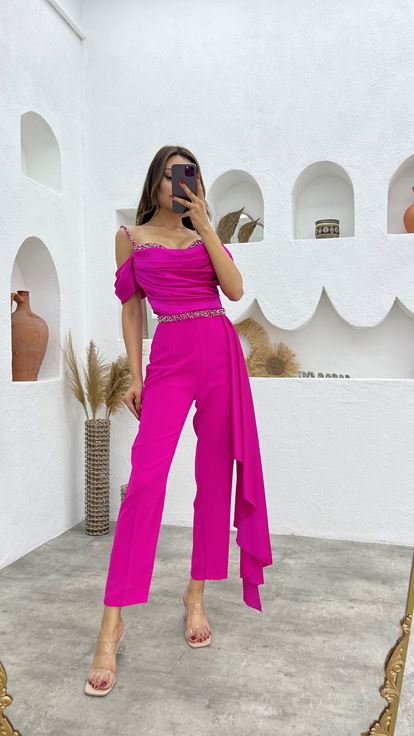 Fuchsia Embroidery Detail Rope Strap Draped Design Jumpsuit