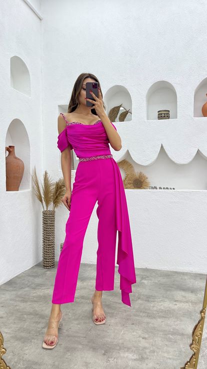 Fuchsia Embroidery Detail Rope Strap Draped Design Jumpsuit