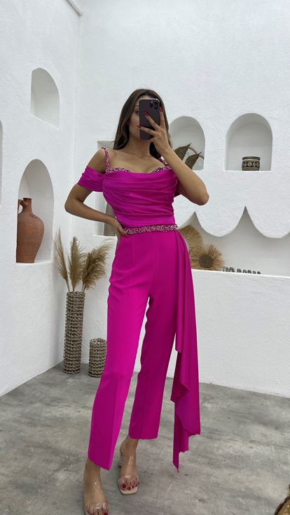 Fuchsia Embroidery Detail Rope Strap Draped Design Jumpsuit