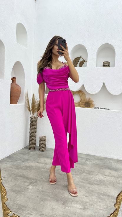 Fuchsia Embroidery Detail Rope Strap Draped Design Jumpsuit