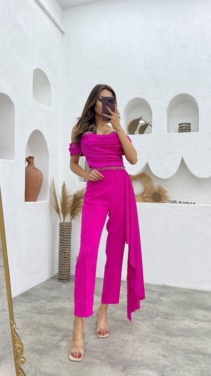 Fuchsia Embroidery Detail Rope Strap Draped Design Jumpsuit
