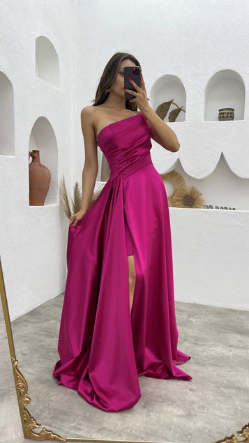 Fuchsia Strapless Drape Detail Design Satin Evening Dress