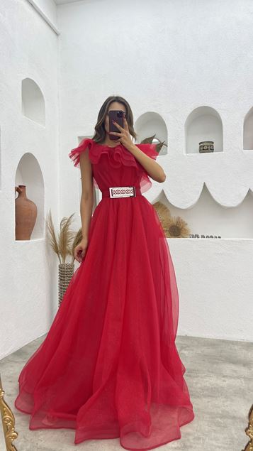 Red Flywheel Detail Belted Glittery Tulle Evening Dress