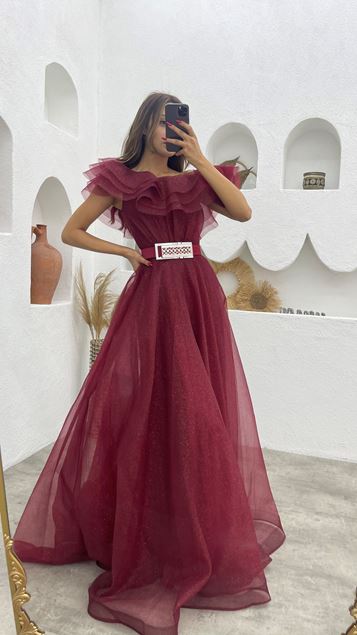 Claret Red Volan Detailed Belted Glittery Tulle Evening Dress