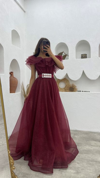 Claret Red Volan Detailed Belted Glittery Tulle Evening Dress