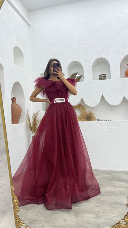 Claret Red Volan Detailed Belted Glittery Tulle Evening Dress