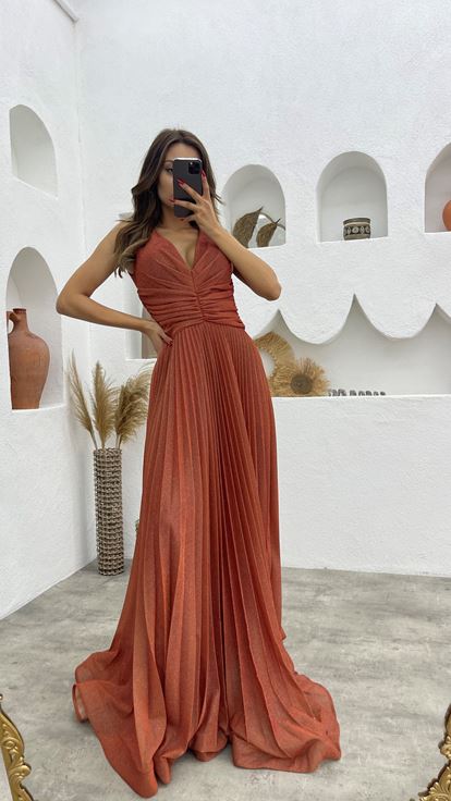 Kiremit Büzgülü Piliseli Simli Abiye Elbise