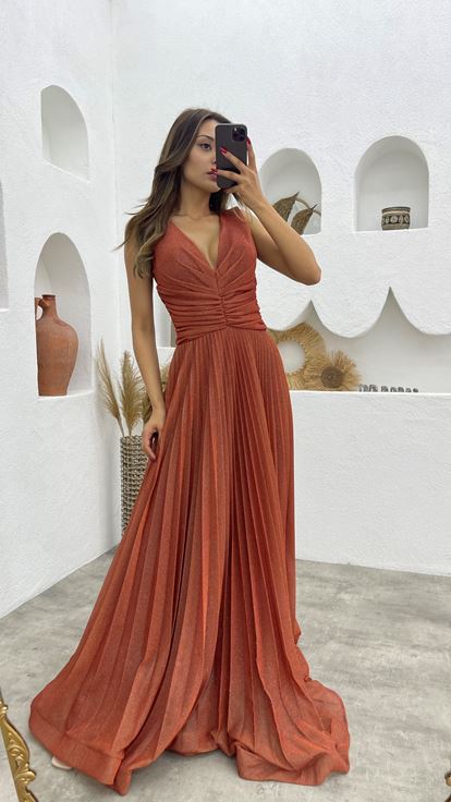 Kiremit Büzgülü Piliseli Simli Abiye Elbise