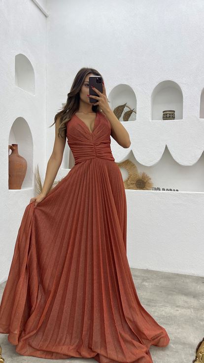 Kiremit Büzgülü Piliseli Simli Abiye Elbise