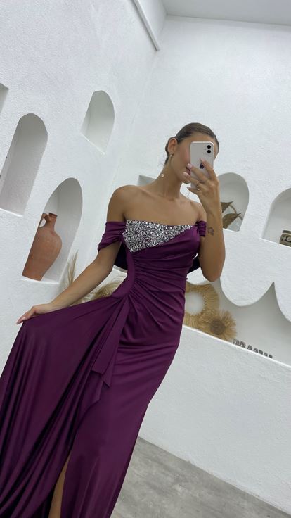 Plum Stone Pleated Satin Evening Dress