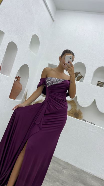 Plum Stone Pleated Satin Evening Dress