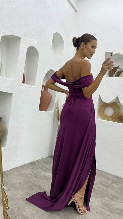 Plum Stone Pleated Satin Evening Dress