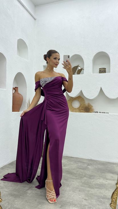 Plum Stone Pleated Satin Evening Dress