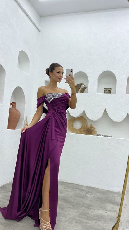 Plum Stone Pleated Satin Evening Dress