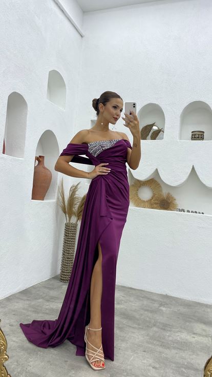 Plum Stone Pleated Satin Evening Dress
