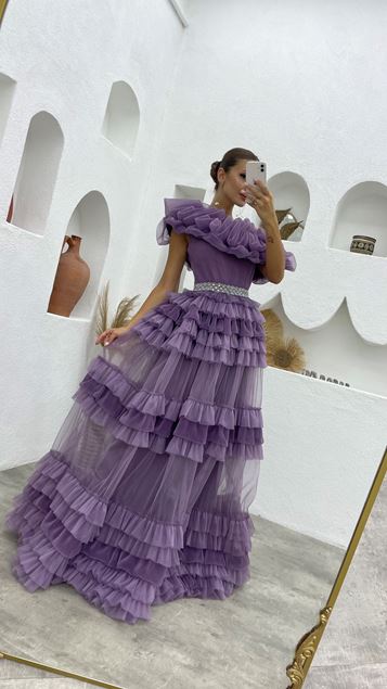Lilac Volan Detail Frilly Waist Embroidered Tulle Evening Dress