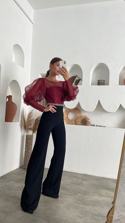 Bordo Üzeri Tül Balon Kol Beli İşlemeli Tulum
