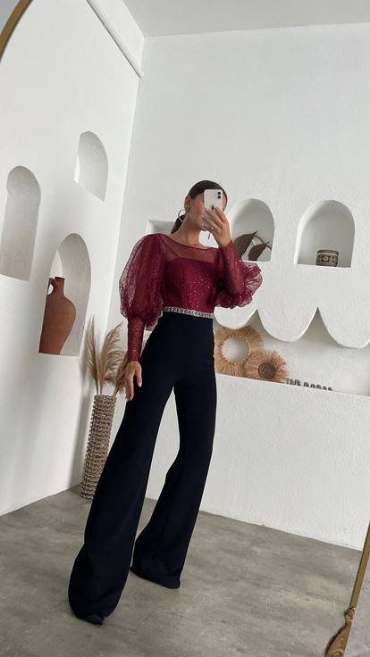 Bordo Üzeri Tül Balon Kol Beli İşlemeli Tulum