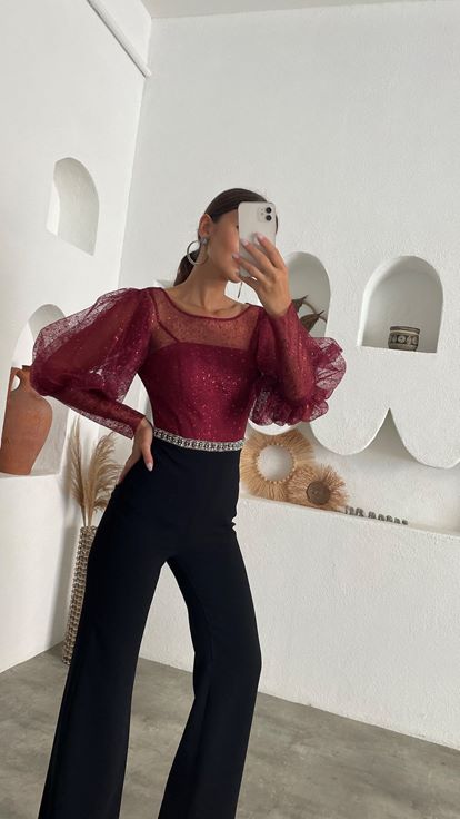 Bordo Üzeri Tül Balon Kol Beli İşlemeli Tulum