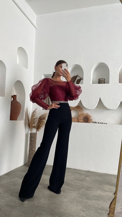 Bordo Üzeri Tül Balon Kol Beli İşlemeli Tulum