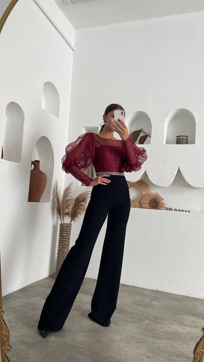 Bordo Üzeri Tül Balon Kol Beli İşlemeli Tulum