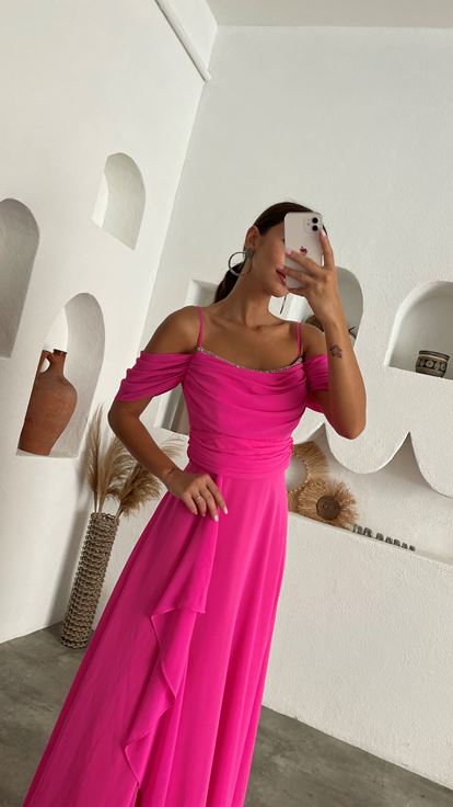 Pembe İp Askılı İşlemeli Drapeli Şifon Abiye Elbise