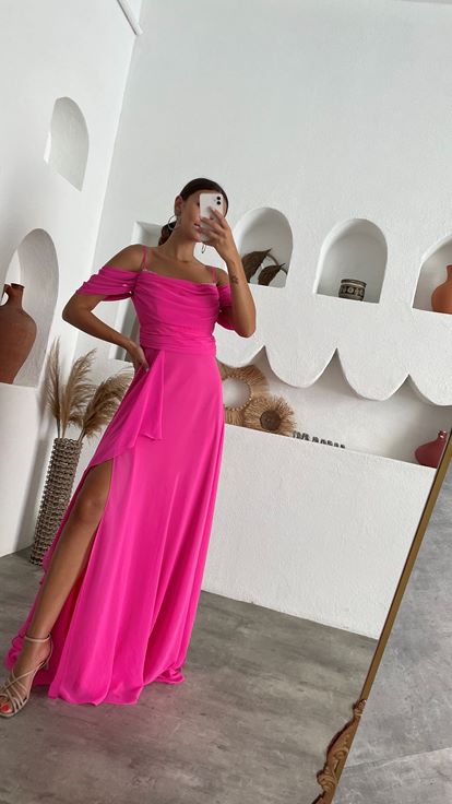 Pembe İp Askılı İşlemeli Drapeli Şifon Abiye Elbise