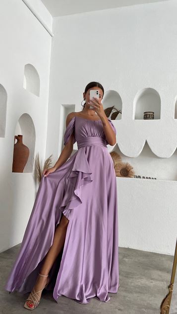 Lilac Rope Strap Draped Volan Detail Satin Evening Dress