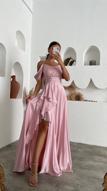 Powder Rope Strap Draped Volan Detail Satin Evening Dress