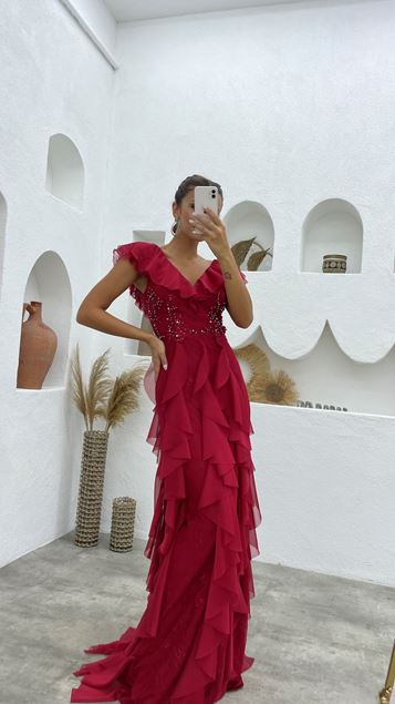 Red Ruffle Detail Stone Embroidered Design Evening Dress