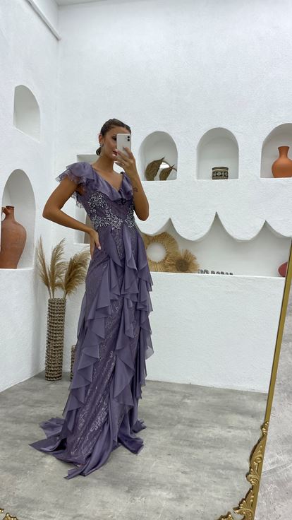 Lilac Ruffle Detail Stone Embroidered Design Evening Dress
