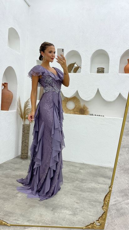 Lilac Ruffle Detail Stone Embroidered Design Evening Dress