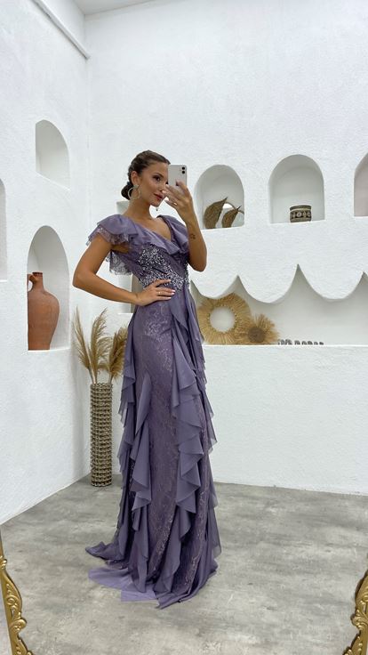 Lilac Ruffle Detail Stone Embroidered Design Evening Dress